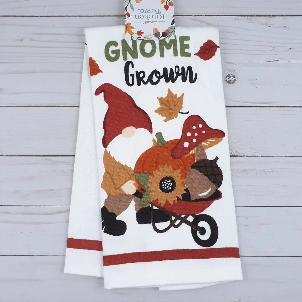 Fall Kitchen Dish Towel Dual Purpose Wheelbarrow Gnome Pumpkin Mushroom